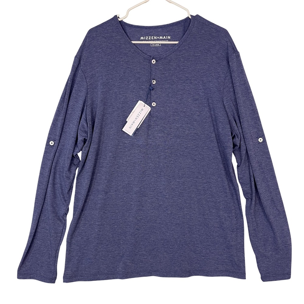 Mizzen + Main Mens Dawson Blue Roll Tab Sleeve Henley Pullover 2XL XX-Large Trim